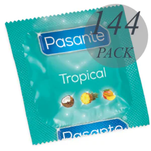 PASANTE - TROPICAL PRESERVATIVOS CON SABORES MANGO PIÑA Y COCO 53 MM 144 UNIDADES (BOLSA)
