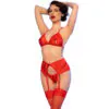 CHILIROSE - CR 4848 SET SUJETADOR + TANGA + MEDIAS DE ENCAJE ROJO L