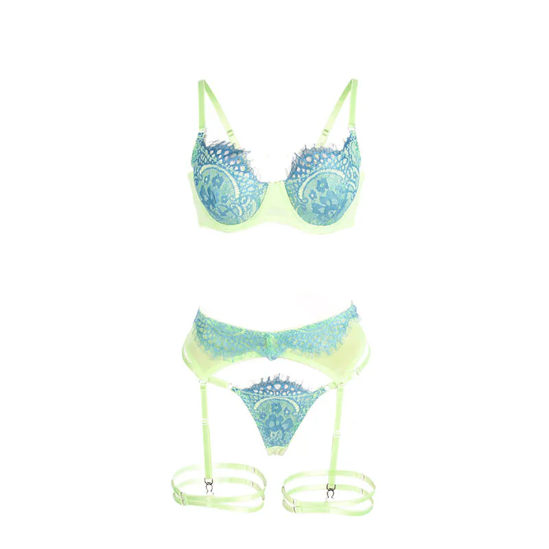 SUBBLIME - 955311 SET SUJETADOR CON ENCAJE Y LIGUEROS VERDE Y AZUL S/M