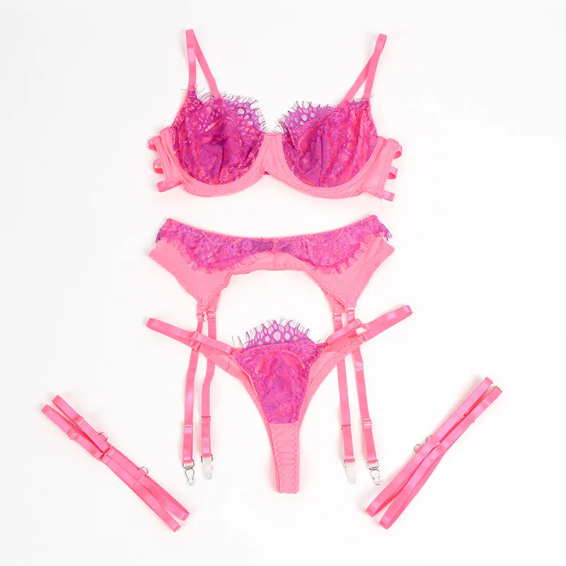 SUBBLIME - 955366 SET SUJETADOR CON ENCAJE Y LIGUEROS ROSA Y MORADO L/XL