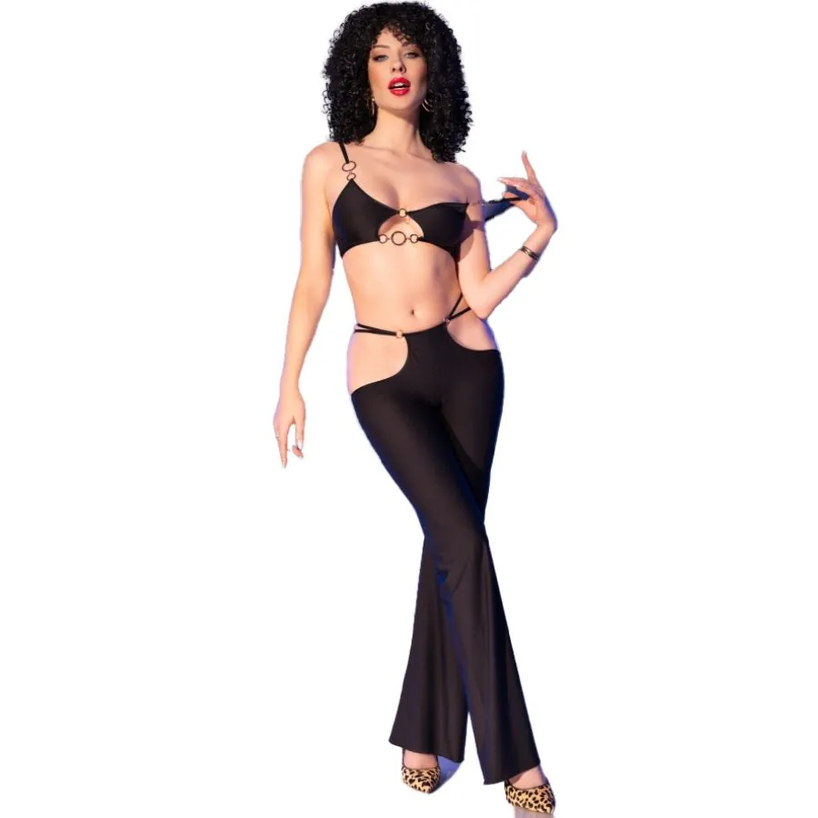 CHILIROSE - CR 4851 SET TOP NEGRO Y LEGGINS CON COMPLEMENTOS DORADOS L