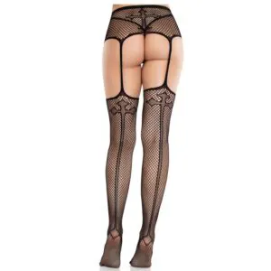 LEG AVENUE - MEDIAS DE ENCAJE CON CRUZ Y PORTALIGAS NEGRO