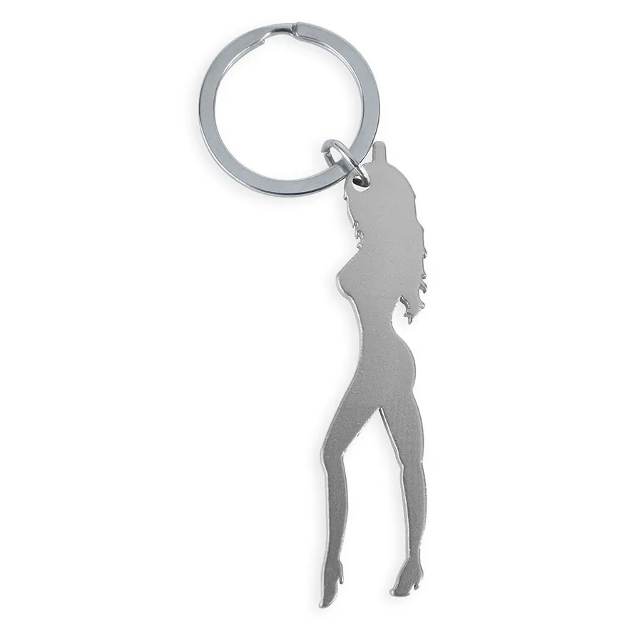 DIABLO PICANTE - LLAVERO CON SILUETA DE MUJER COLOR PLATA CON ABRIDOR DE CERVEZA