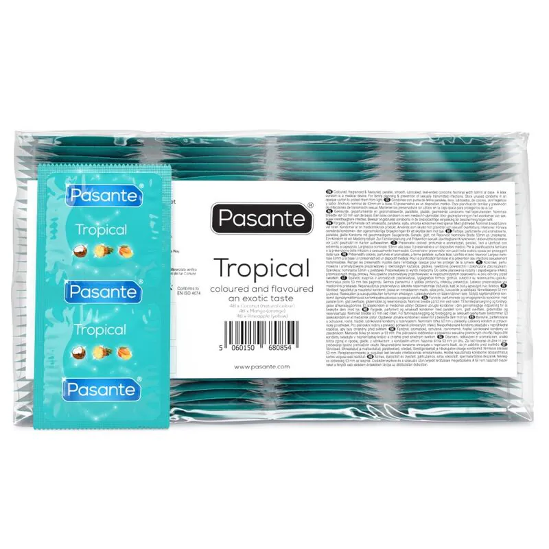 PASANTE - TROPICAL PRESERVATIVOS CON SABORES MANGO PIÑA Y COCO 53 MM 144 UNIDADES (BOLSA)
